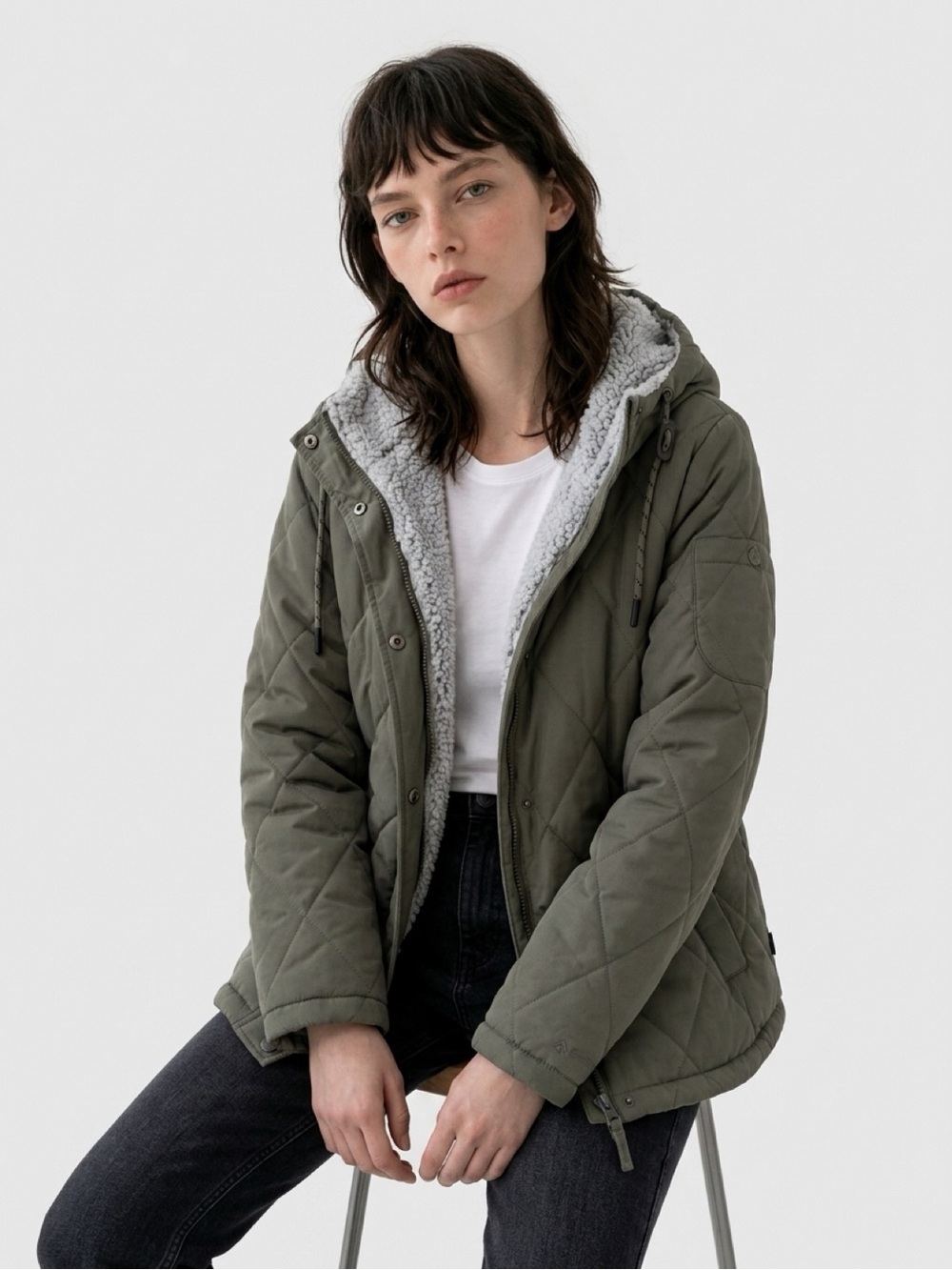 Olive Green Quilted Sherpa Lined Utility Jacket Women’s M